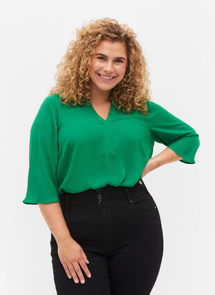 Bluse mit 3/4 Ärmeln und V-Ausschnitt, Jolly Green, Model image number 0
