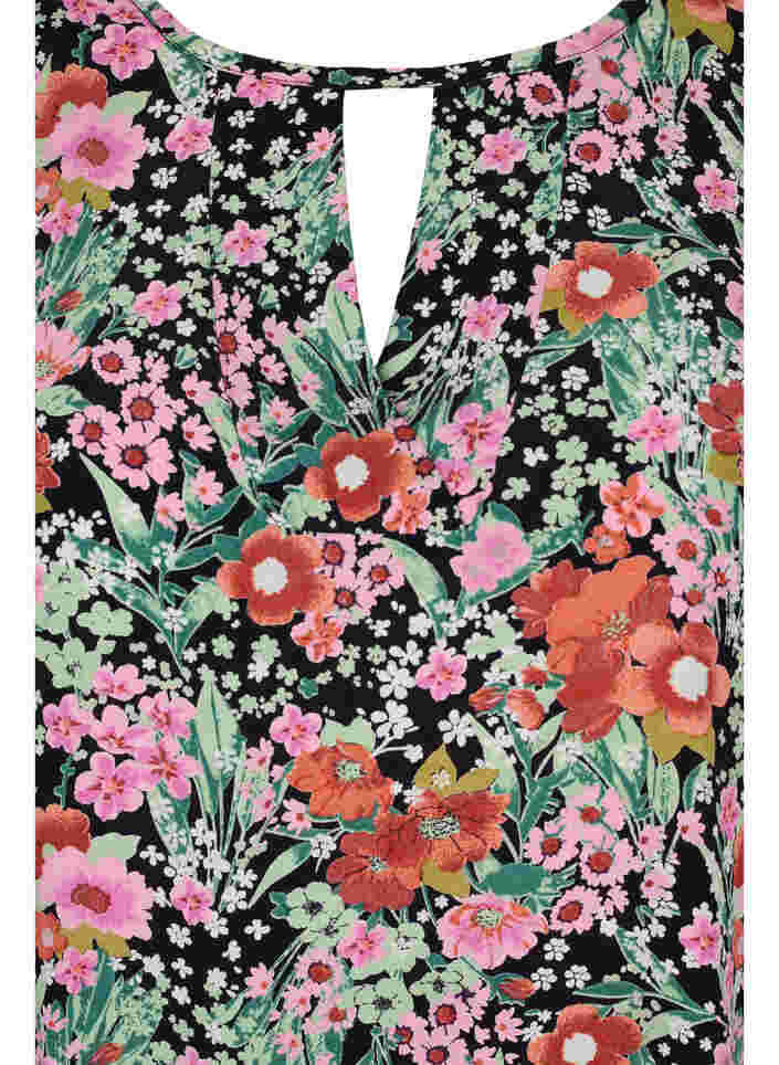 Bluse mit 3/4-Ärmeln und Blumenprint, Green Flower AOP, Packshot image number 2