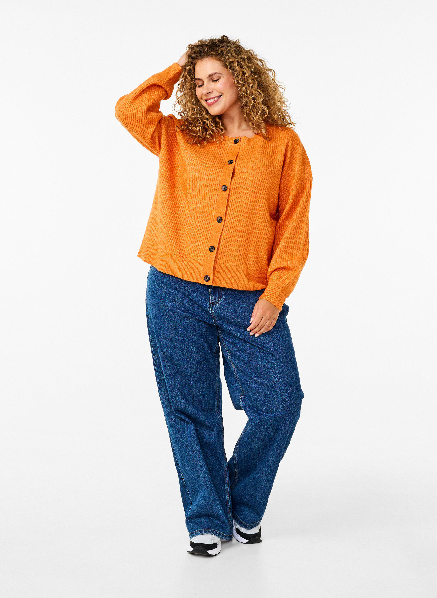 Zizzi Rippenstrick Strickjacke mit Kn&ouml;pfen, Orange, Model image number 1