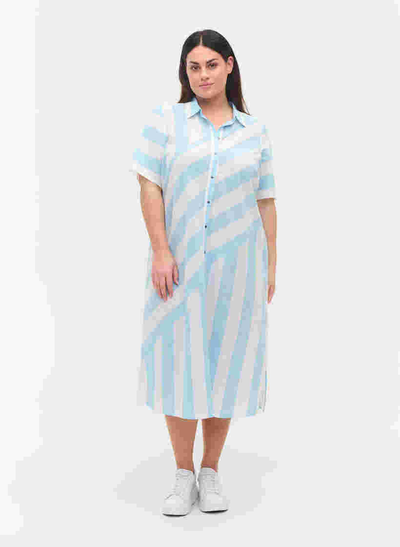 Kurzärmeliges Hemdkleid aus Baumwolle mit Streifen, Blue Bell Stripe, Model image number 2