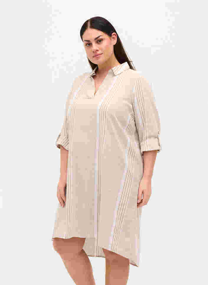 Kleid mit V-Ausschnitt und Kragen, White Taupe Stripe, Model image number 0