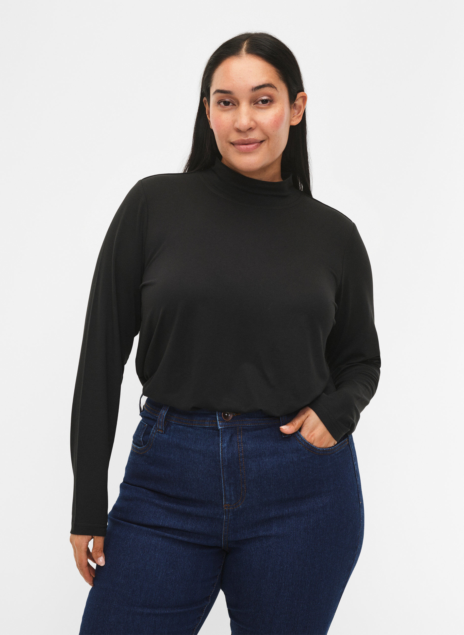 Zizzi FLASH - Lang&auml;rmelige Bluse mit Rollkragen, Schwarz, Model image number 0