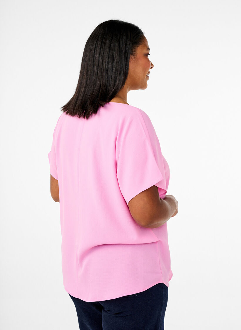 Bluse mit kurzen &Auml;rmeln und einem Rundhalsausschnitt, Pink, Model image number 2