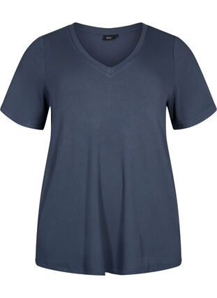 Geripptes T-Shirt aus Viskose mit V-Ausschnitt., Umbre Blue , Packshot image number 0
