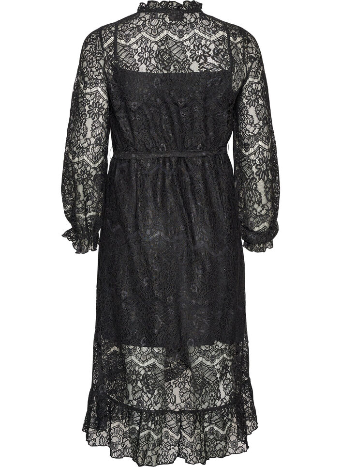 Kleid aus Spitze mit Wickelrock und R&uuml;schen, Schwarz, Packshot image number 1