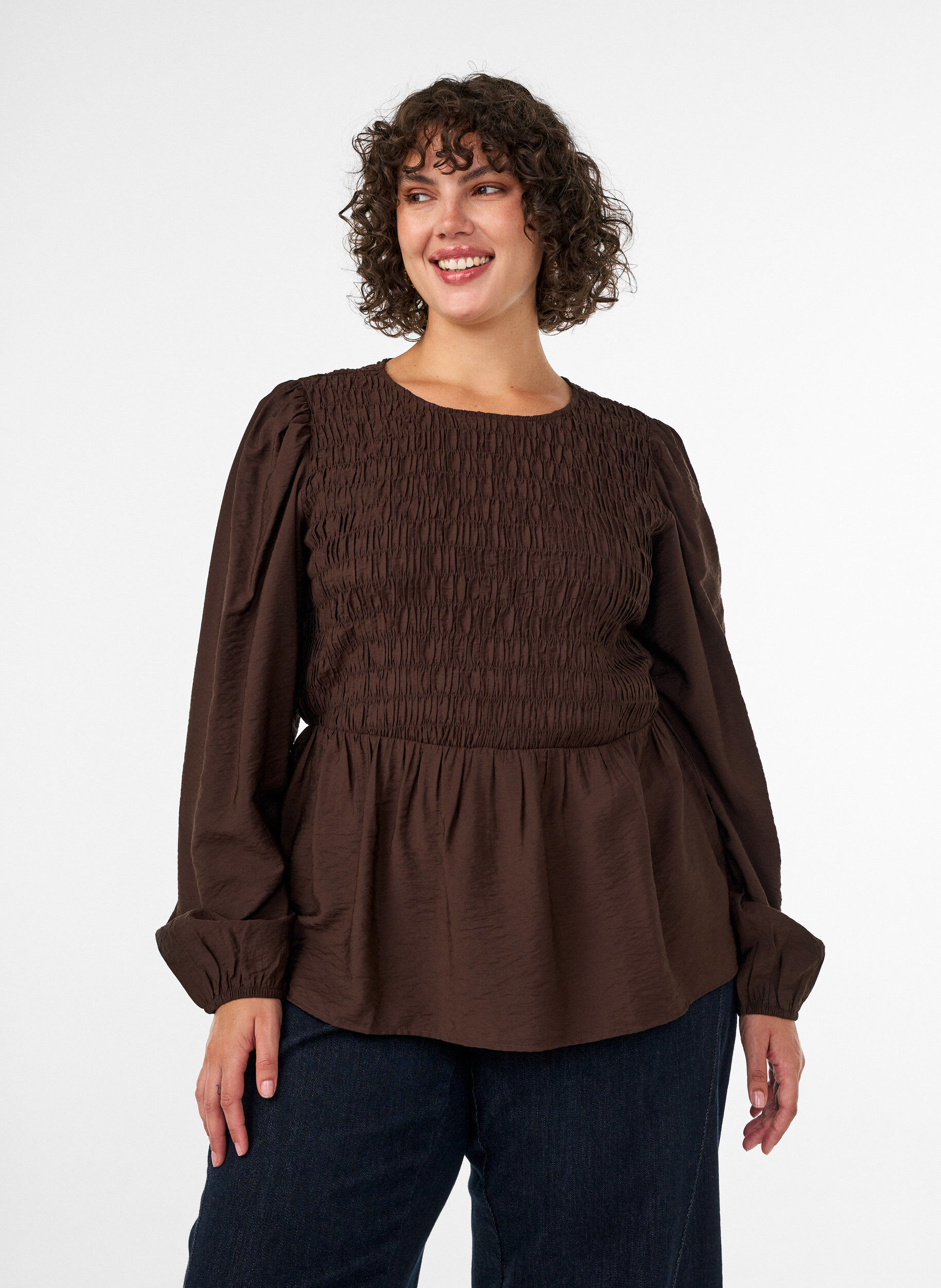Bluse mit Puff und langen &Auml;rmeln, Braun, Model