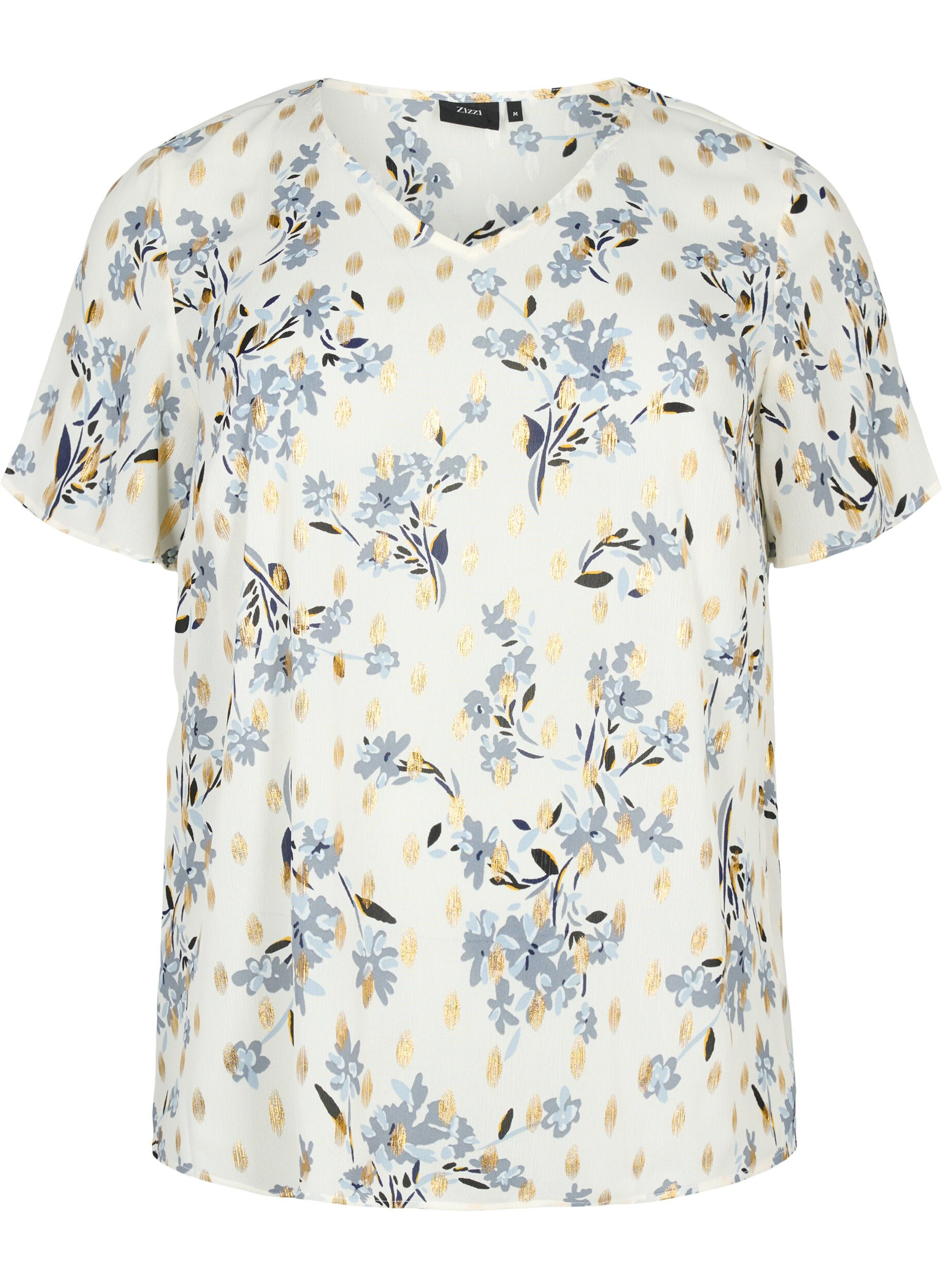 Zizzi Bluse mit Druck und Lurex, White Flower/Gold, Packshot image number 0