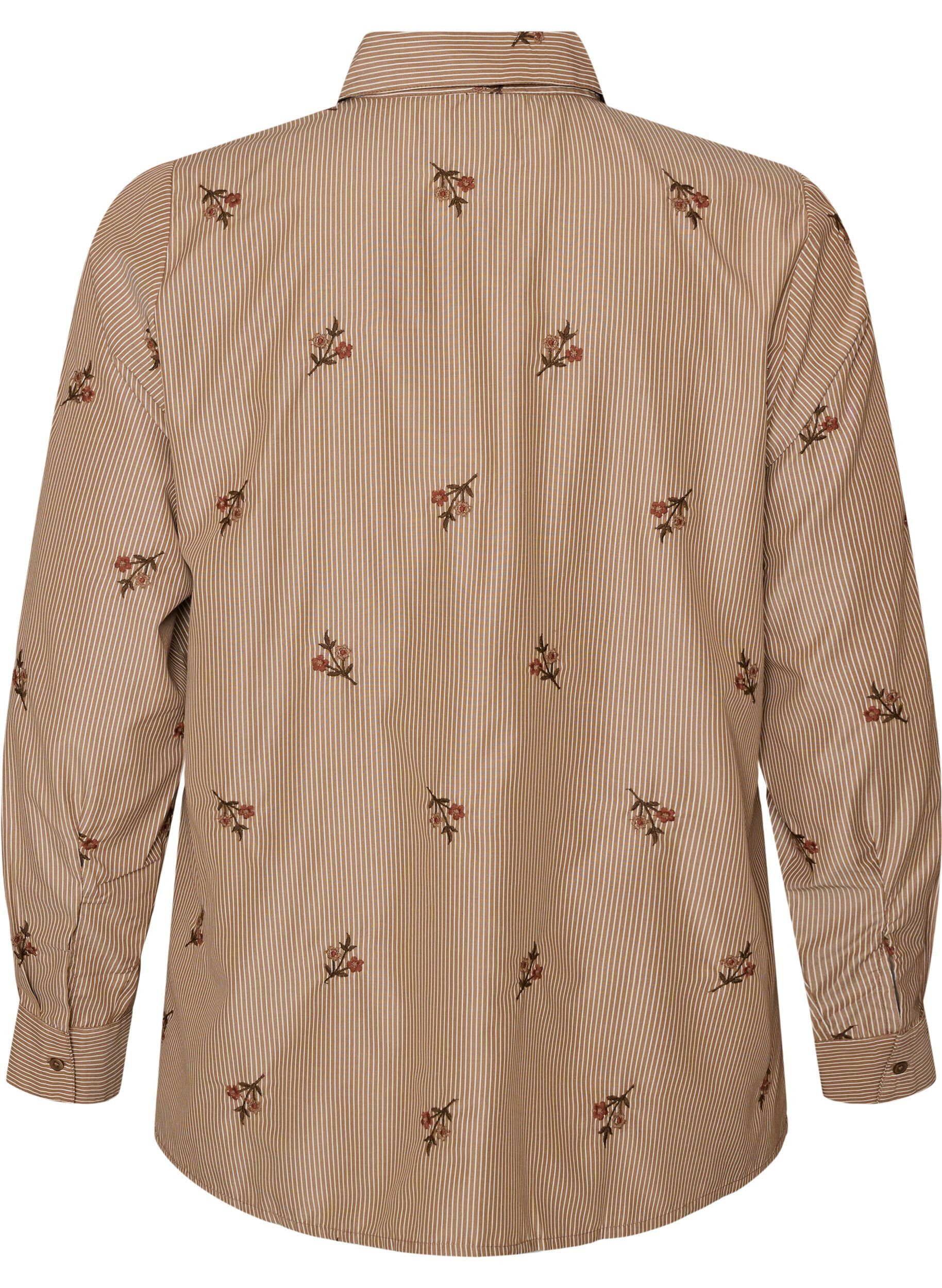 ZizziGestreifte Bluse mit bestickten Blumen, Braun, Packshot image number 1