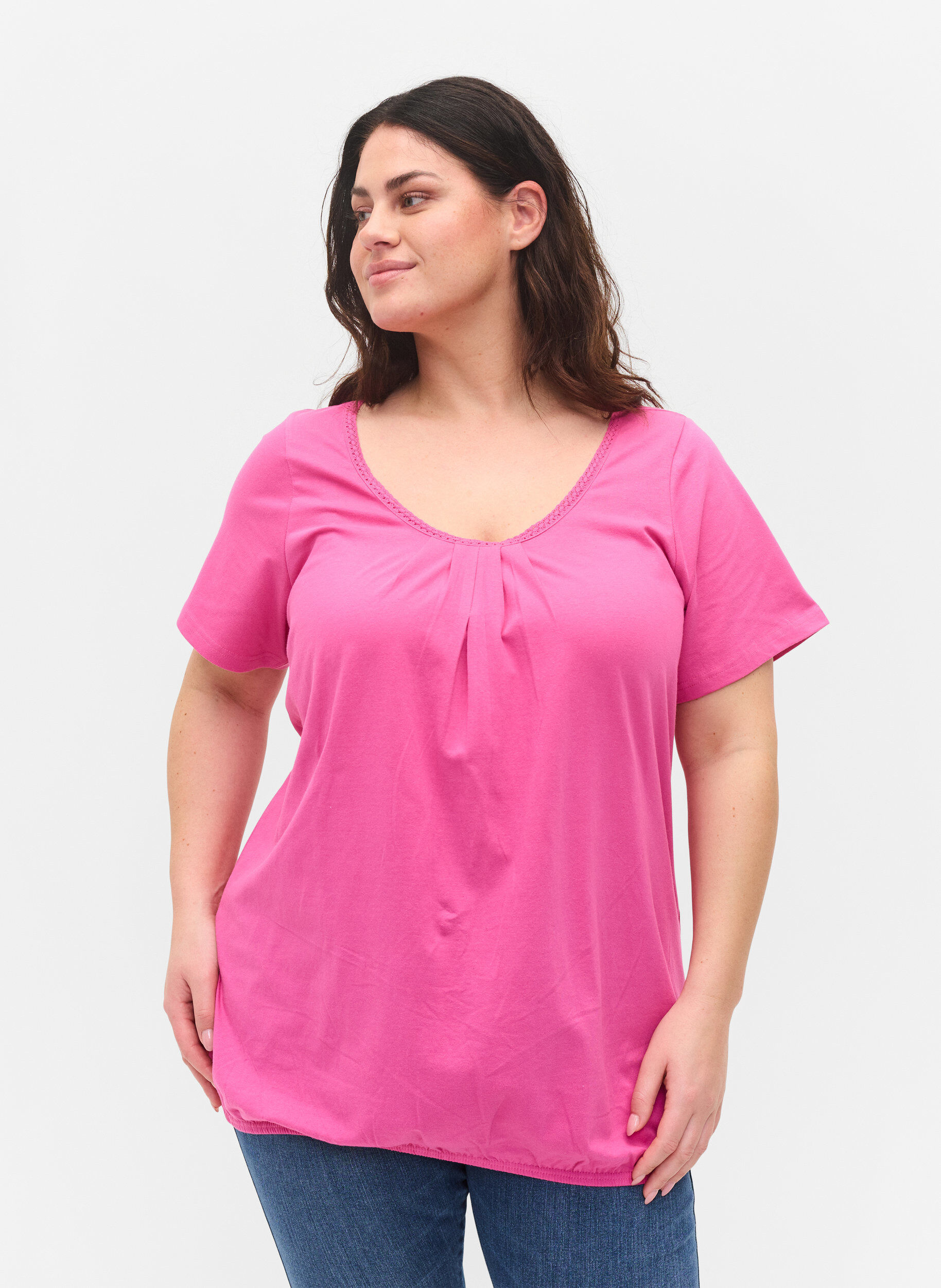 Zizzi Kurzarm Baumwoll-T-Shirt, Raspberry Rose, Model image number 0