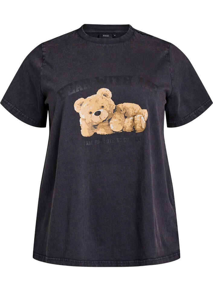 T-Shirt mit Teddybär-Print und abgenutzter Optik, Grau, Packshot image number 0