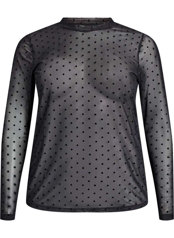 Bluse aus Mesh mit Punkten, Schwarz, Packshot image number 0