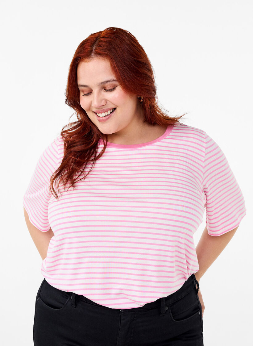 Gestreiftes T-Shirt aus Lyocell mit Rundhalsausschnitt, Rot, Model image number 0