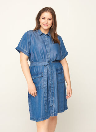 Kurzarm Kleid aus Lyocell, Blue denim , Model image number 0