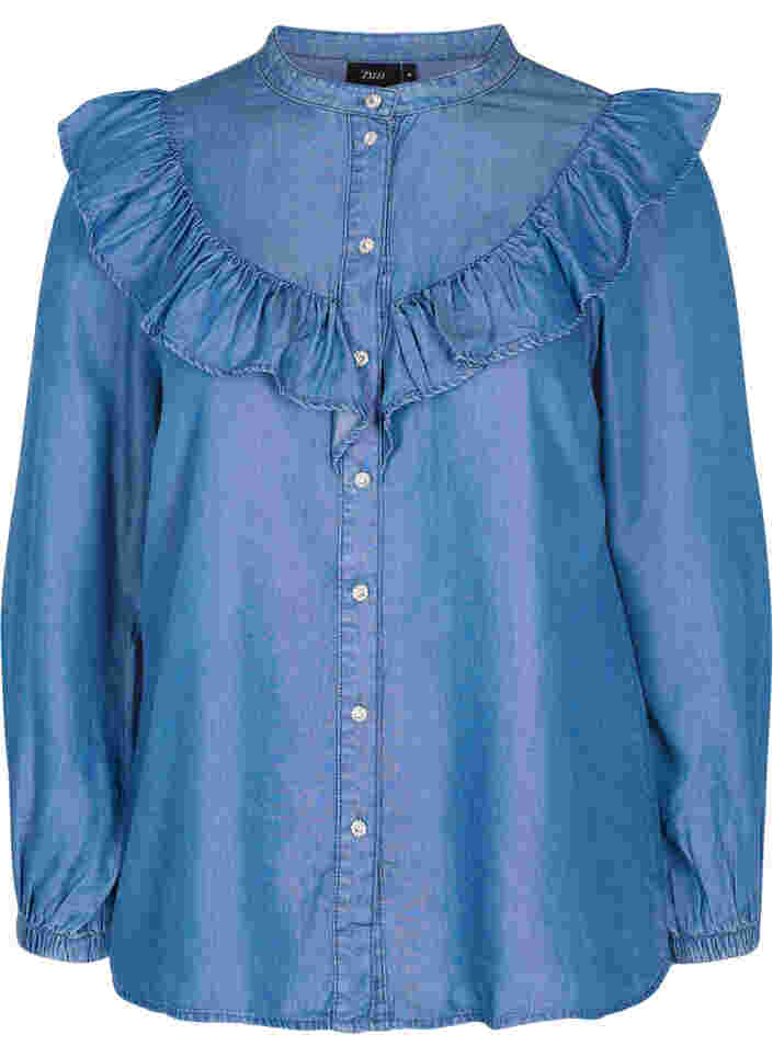 Langarm Hemd mit Rüschen aus Lyocell (TENCEL™), Blue denim, Packshot image number 0
