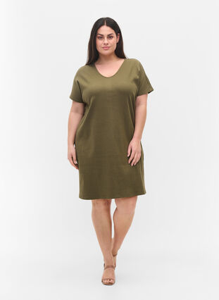 Kurzarm Kleid aus Baumwolle mit Rippstruktur, Ivy Green, Model image number 2