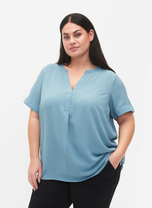 Kurzärmelige Bluse mit V-Ausschnitt, Smoke Blue, Model image number 0