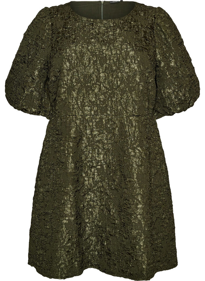 Kleid aus Jacquard mit Puff&auml;rmeln und A-Linie, Gr&uuml;n, Packshot image number 0