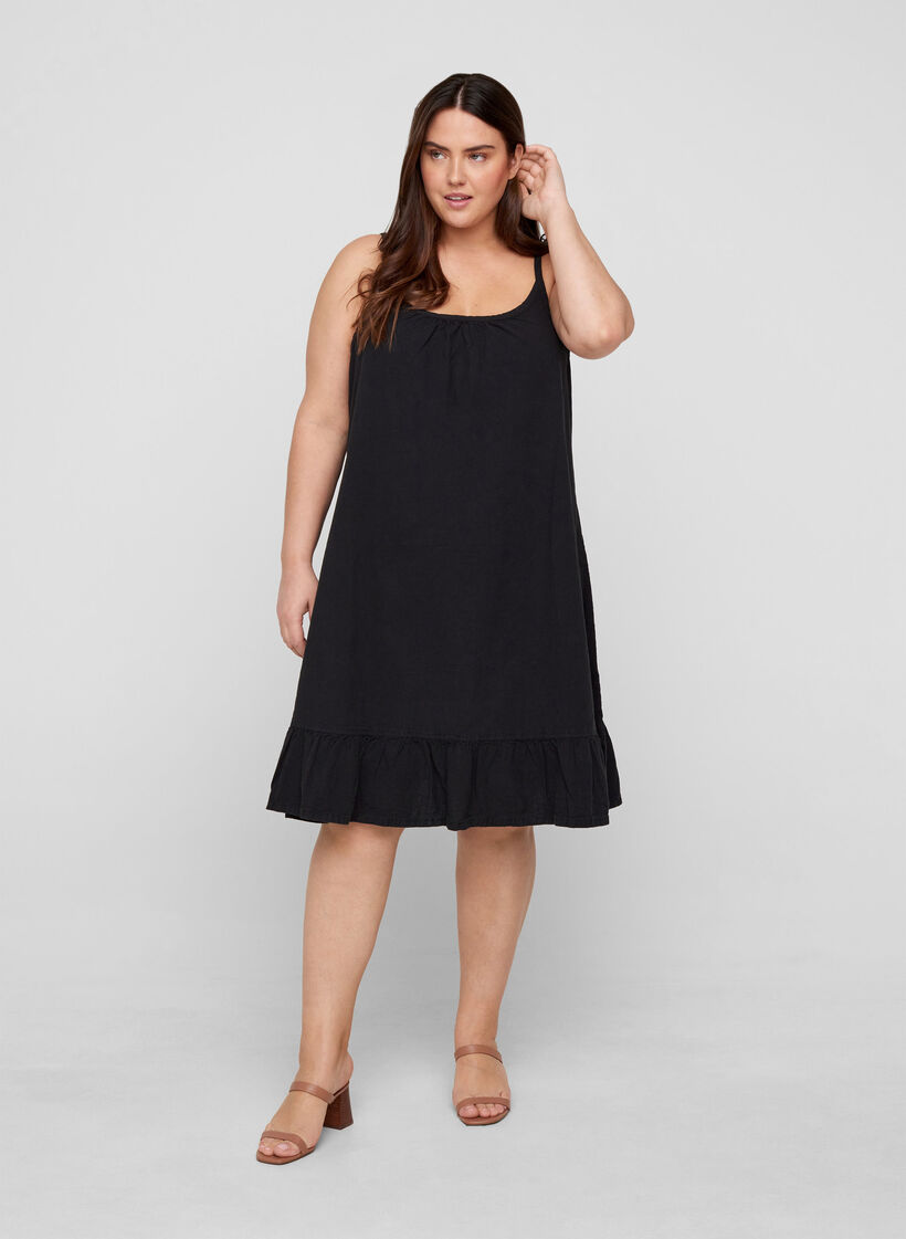 Baumwollkleid mit dünnen Trägern und A-Linie, Black, Model image number 2
