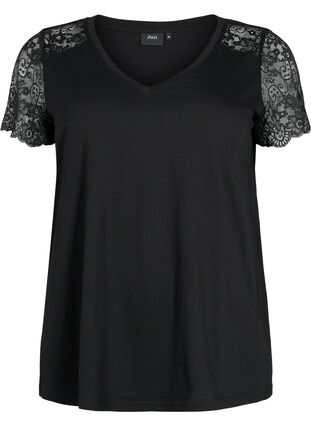 T-Shirt aus Baumwolle mit kurze Spitzenärmeln, Black, Packshot image number 0