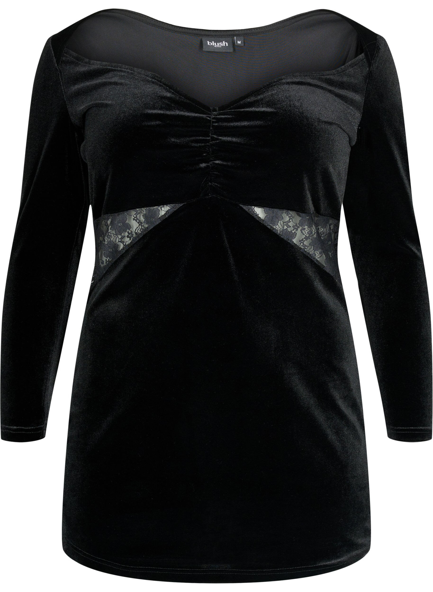 Zizzi Kurzes Velourkleid mit Spitzendetail, Black, Packshot image number 0