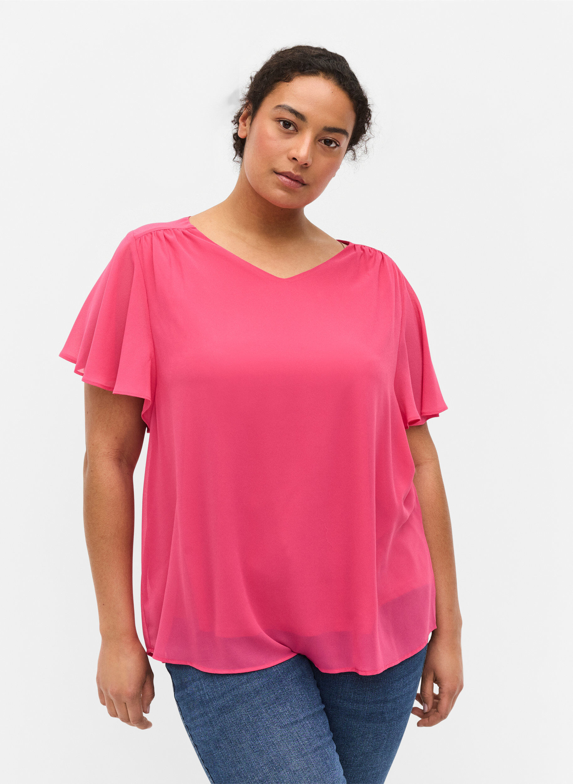 Zizzi Bluse mit kurzen &Auml;rmeln, Magenta, Model image number 0
