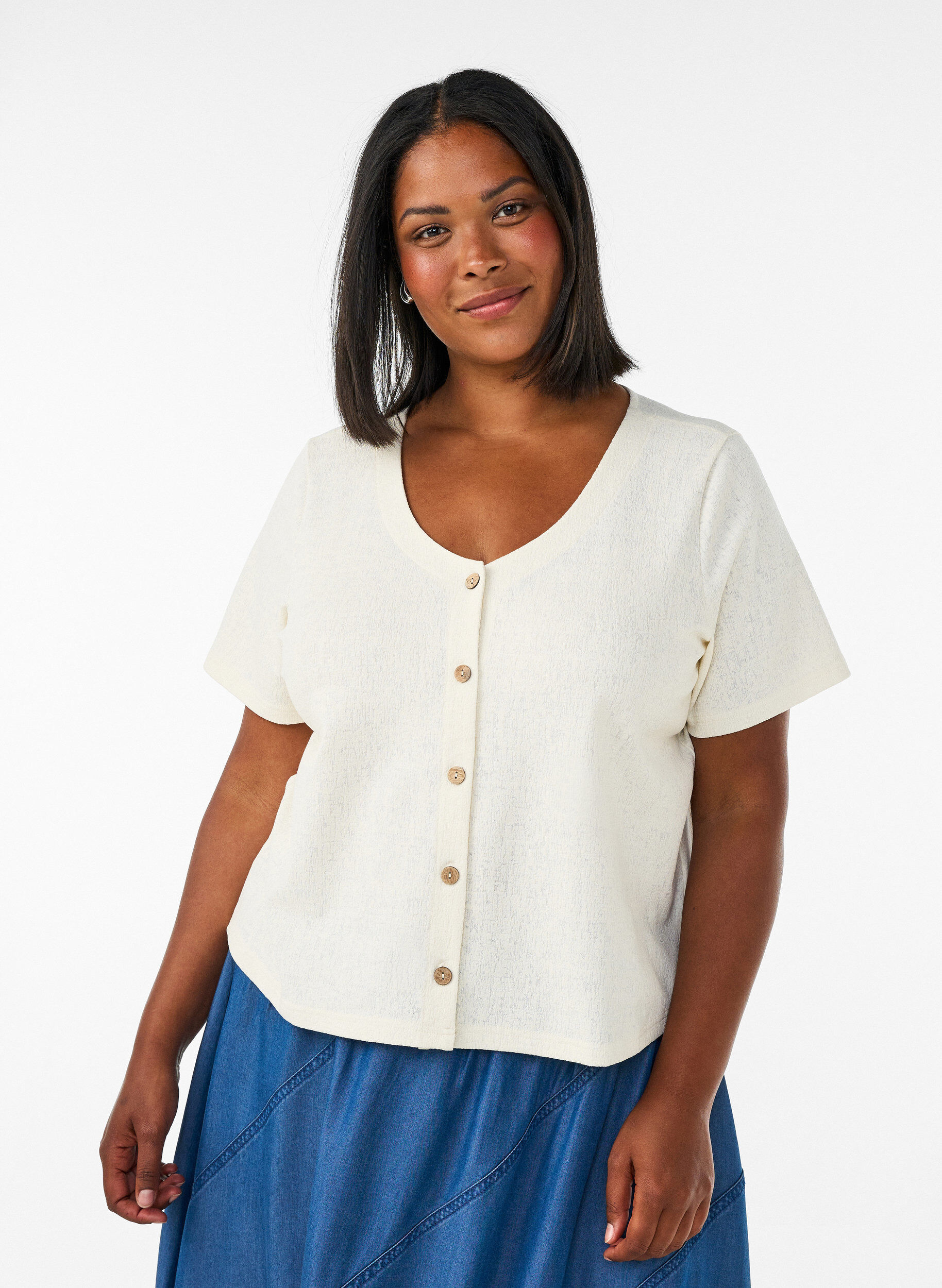 ZizziStrukturierte Bluse aus Baumwolle mit Knopfleiste, Vanille, Model image number 0