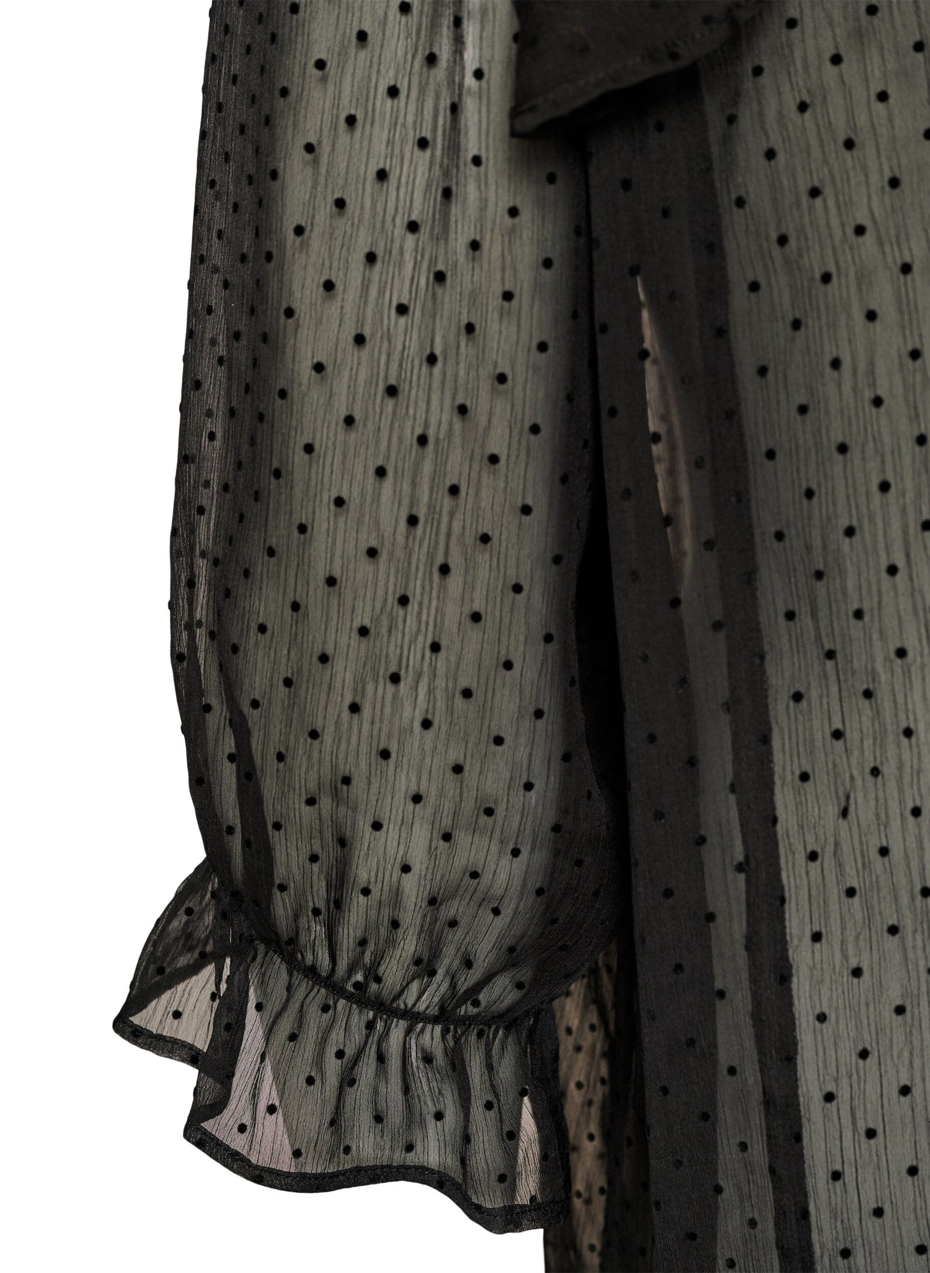 ZizziMidikleid aus einem leichten, transparenten Stoff mit Punkten und R&uuml;schen, Schwarz, Packshot image number 3