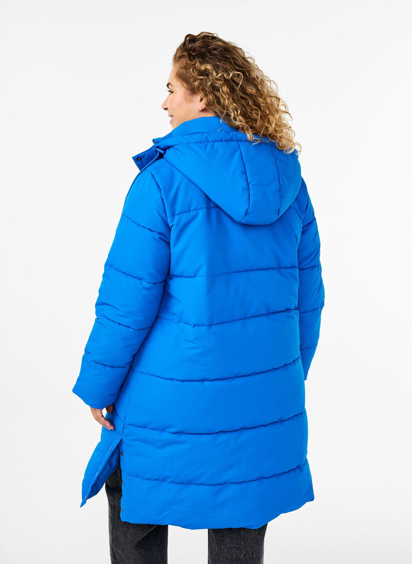 Lange Pufferjacke mit Taschen und Kapuze, Blau, Model image number 2