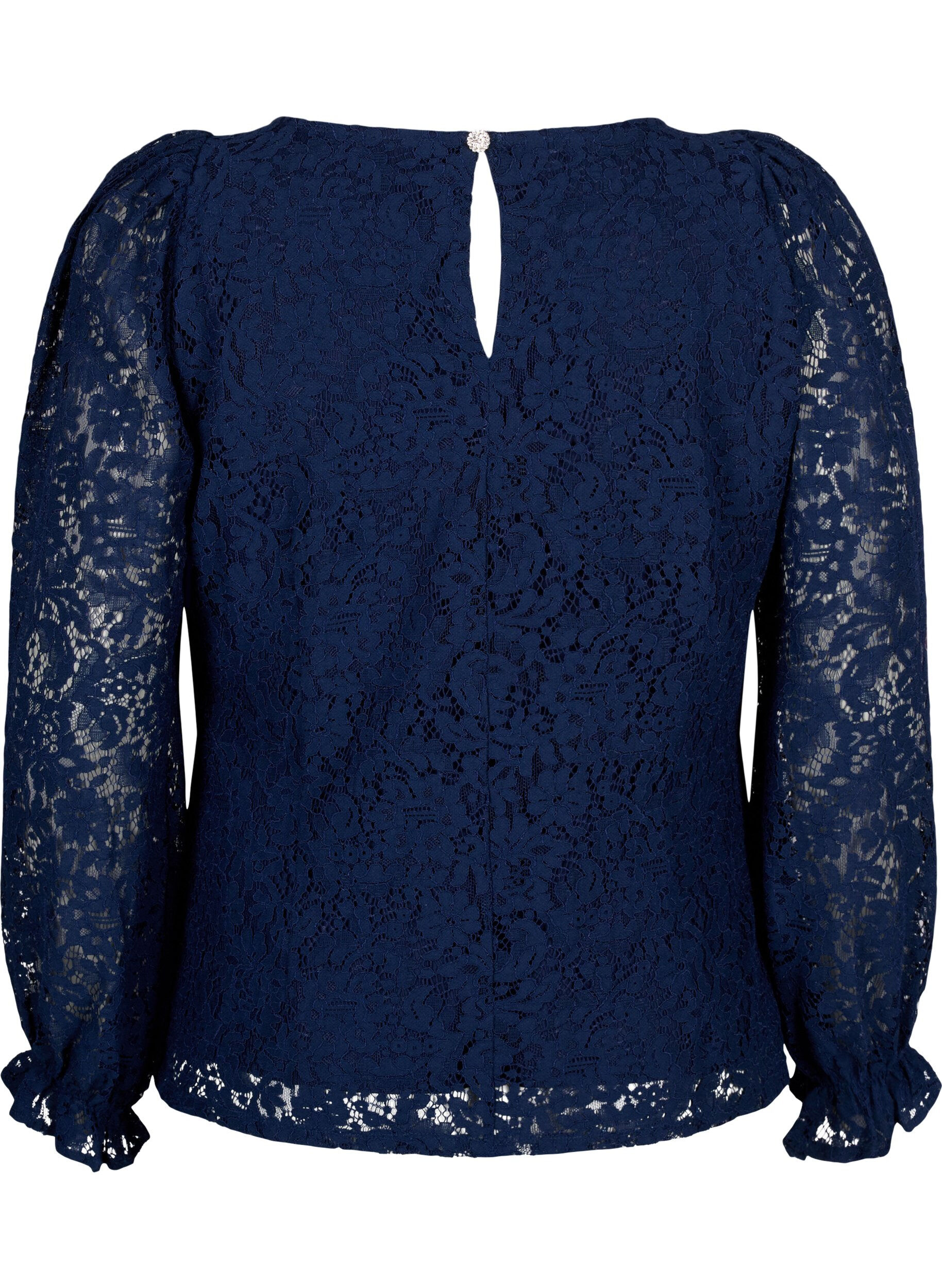 Zizzi  Spitzenbluse mit langen &Auml;rmeln, Navy Blazer, Packshot image number 1