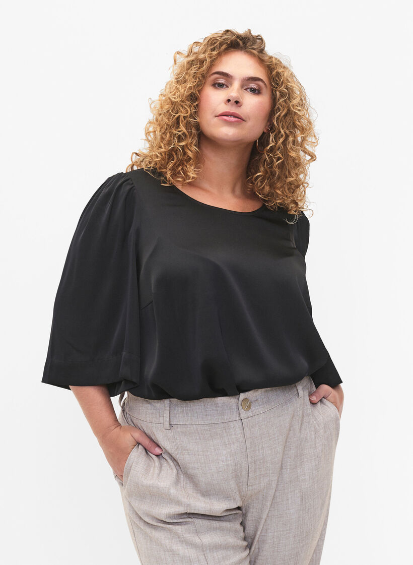  Satinbluse mit halblangen Ärmeln, Black, Model image number 0
