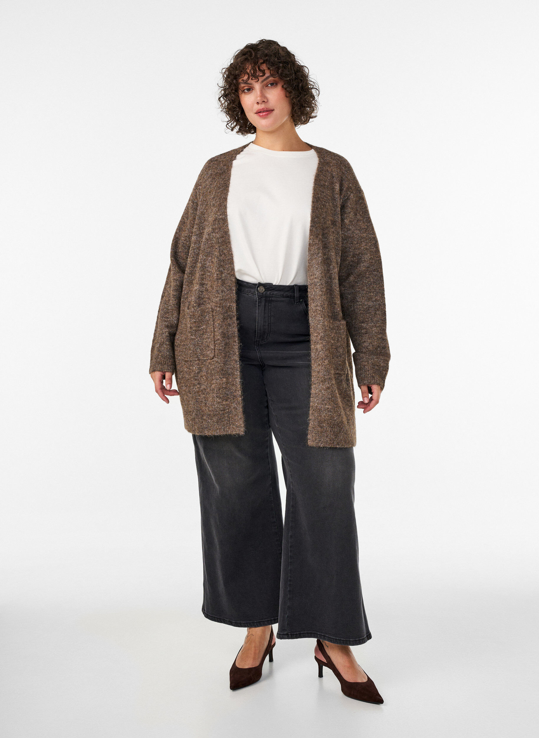 ZizziLange Strickjacke mit Taschen, Braun, Model image number 1