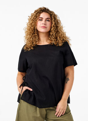 Kurzärmlige Bluse aus Baumwoll-Mix mit Leinen und Spitzendetail, Black, Model image number 0