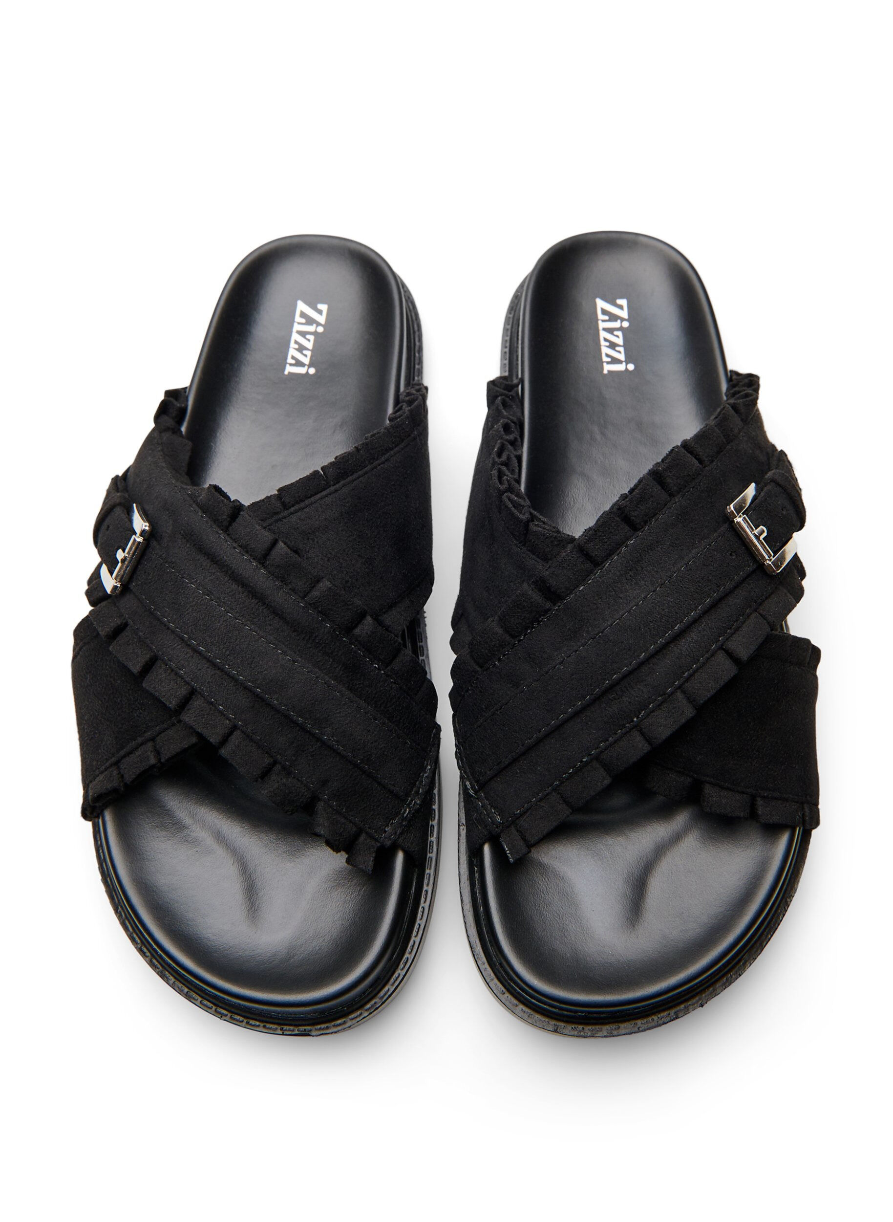 Zizzi Sandalen mit &uuml;berkreuzten Riemen und R&uuml;schenkanten, Schwarz, Packshot image number 3