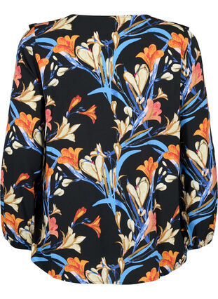 Langärmelige Bluse mit Rüschen, Black Flower AOP, Packshot image number 1