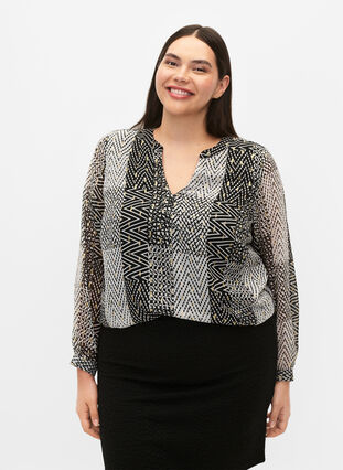 Bedruckte Bluse mit V-Ausschnitt, Black Graphic Stripe, Model image number 2