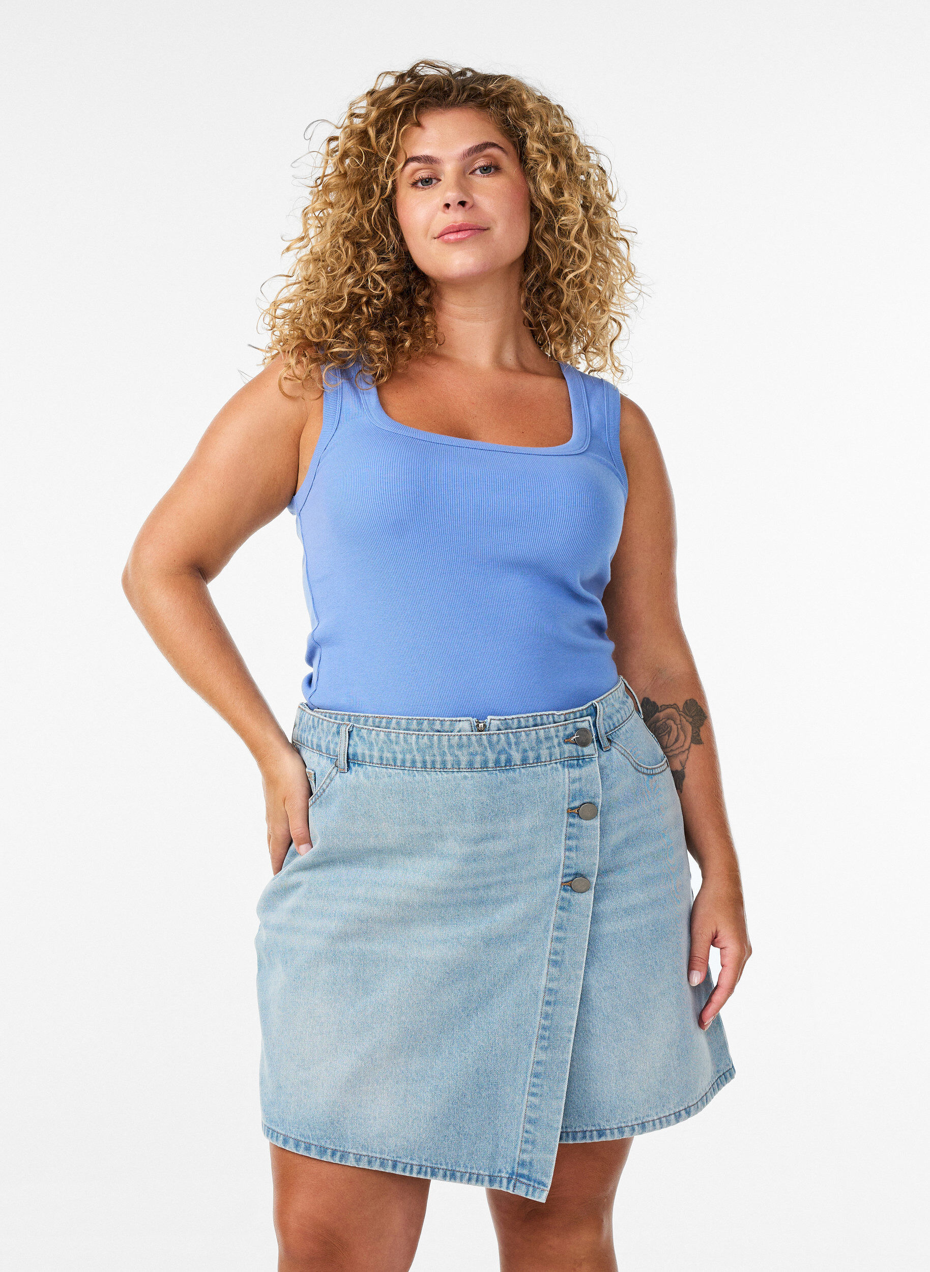 ZizziDenimskort mit Wickeloptik und hoher Taille, Blau, Model image number 0