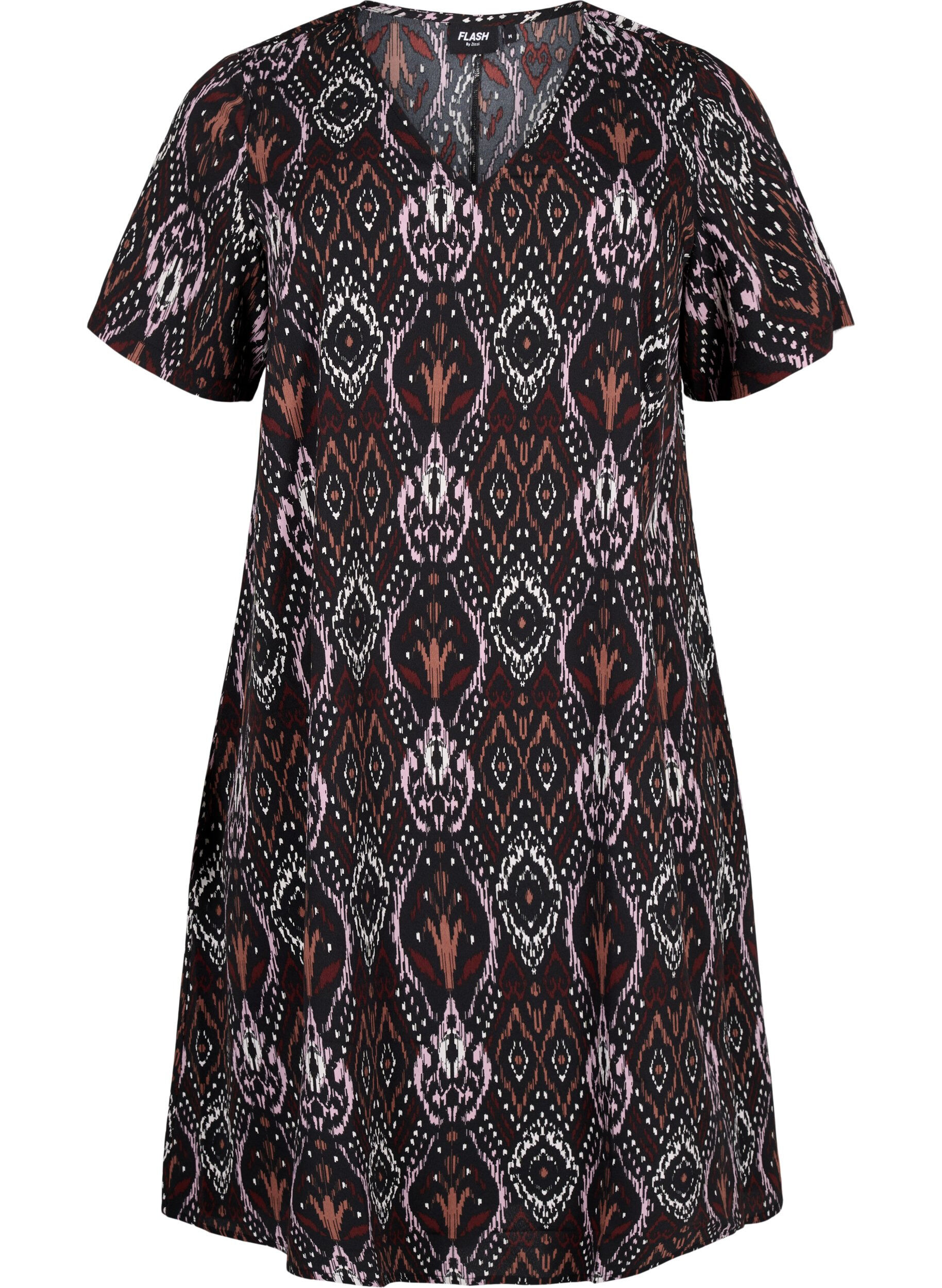 Zizzi FLASH &ndash; Kleid mit V-Ausschnitt und Aufdruck, Black Rose Ethnic, Packshot image number 0