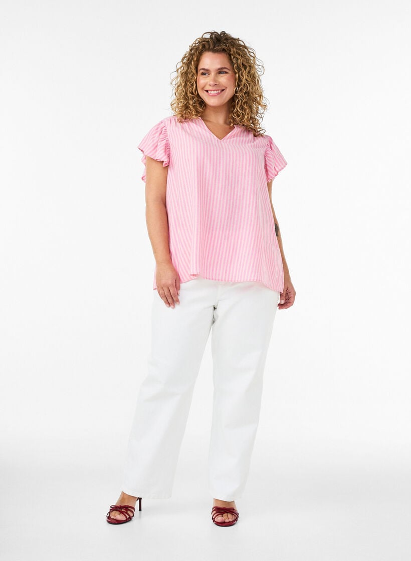 Bluse aus Viskose und Leinen mit R&uuml;schen&auml;rmeln, Pink, Model image number 1