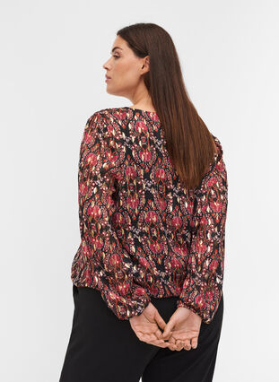 Bedruckte Bluse mit langen Ärmeln und Raffung, Black Oriental, Model image number 1