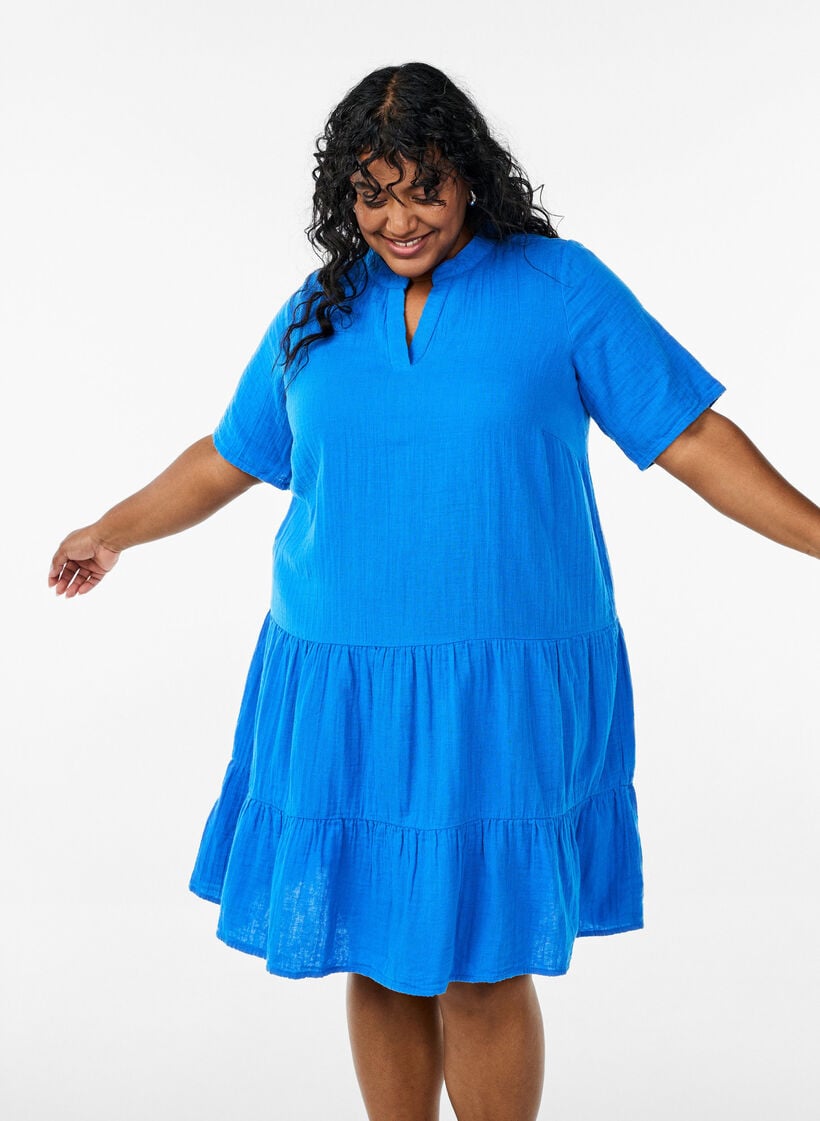 Kurzes A-Linien-Kleid aus Baumwollmusselin, Blau, Model image number 3