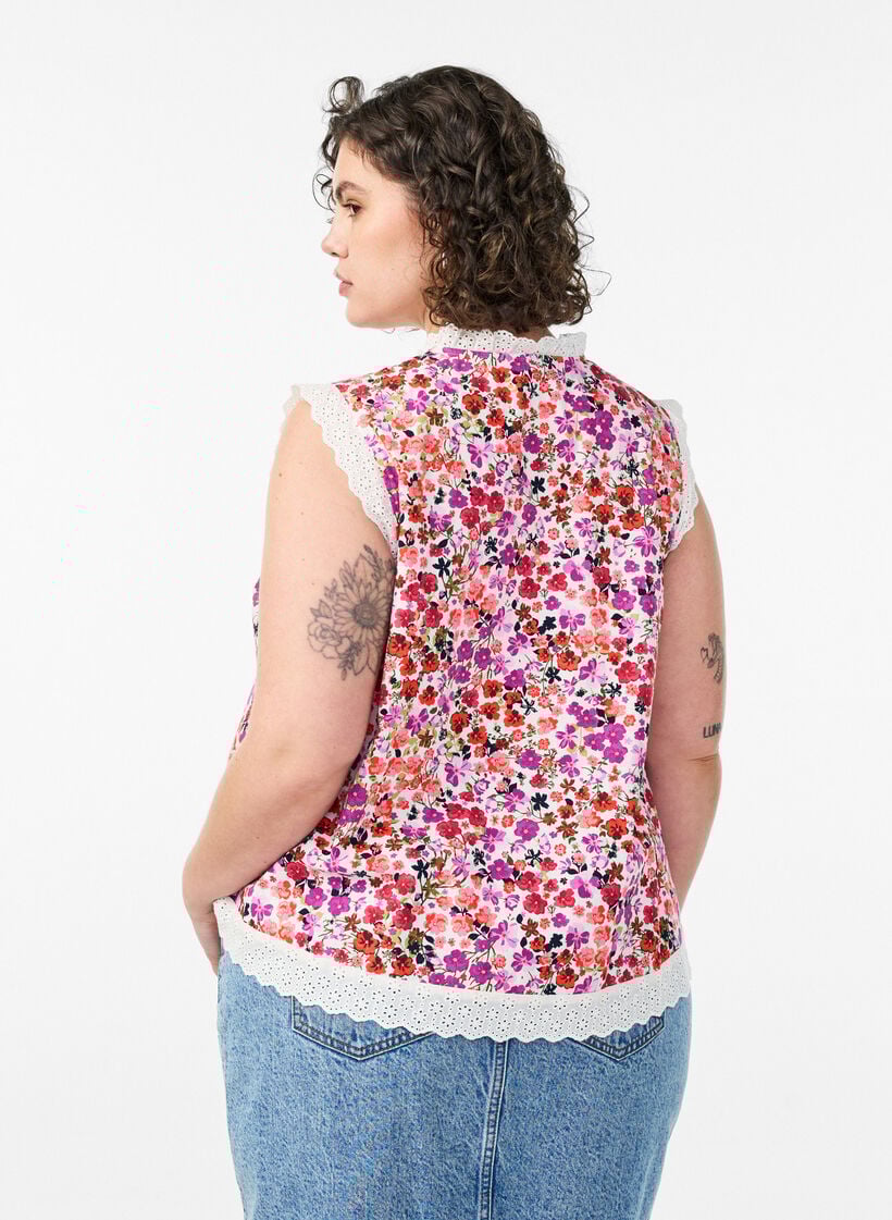&Auml;rmellose Bluse aus Baumwolle mit Blumenprint und Broderie Anglaise, Pink, Model image number 2