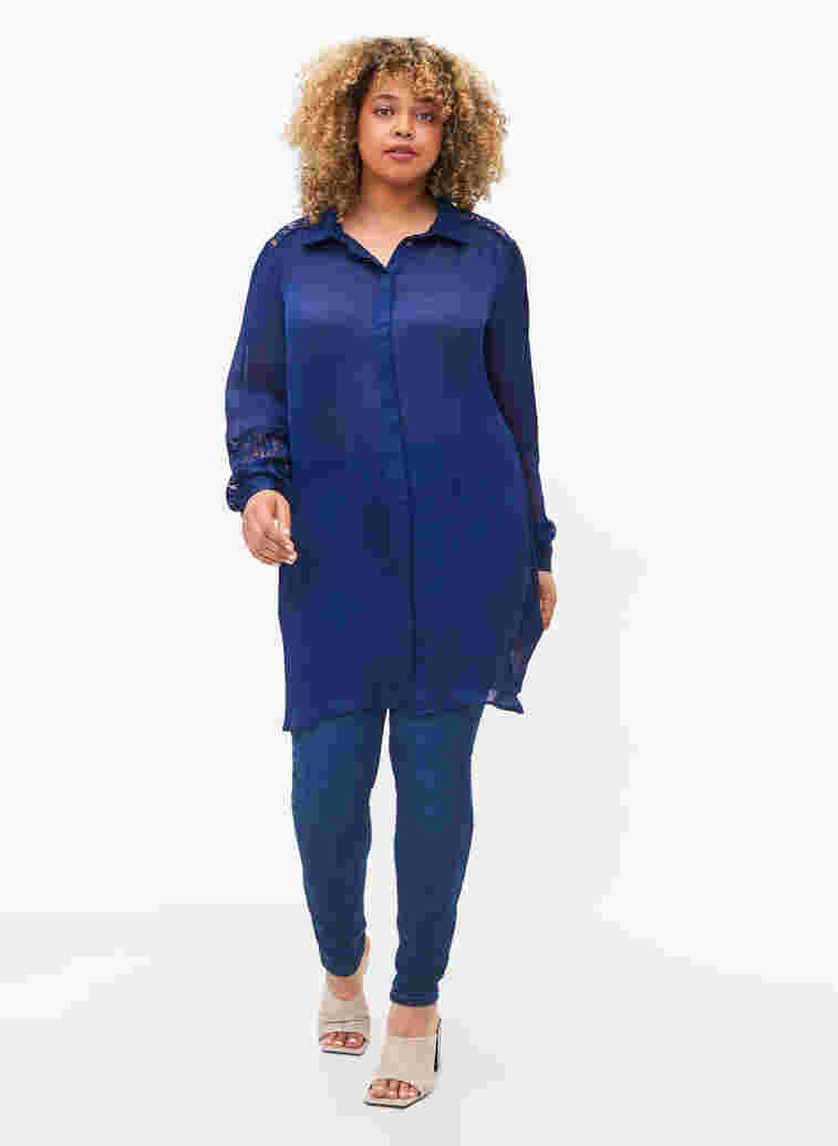 Langes Kleid mit Spitzendetails, Evening Blue, Model image number 3
