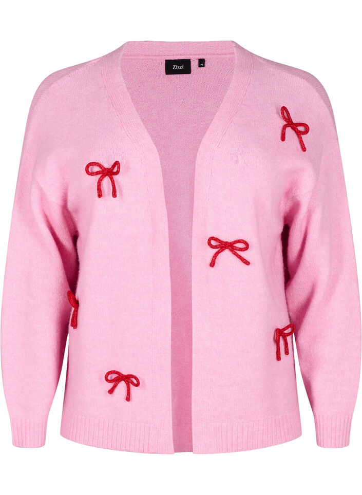 Strickjacke aus Grobstrick mit Schleifenbändern, Begonia Pink Comb, Packshot image number 0