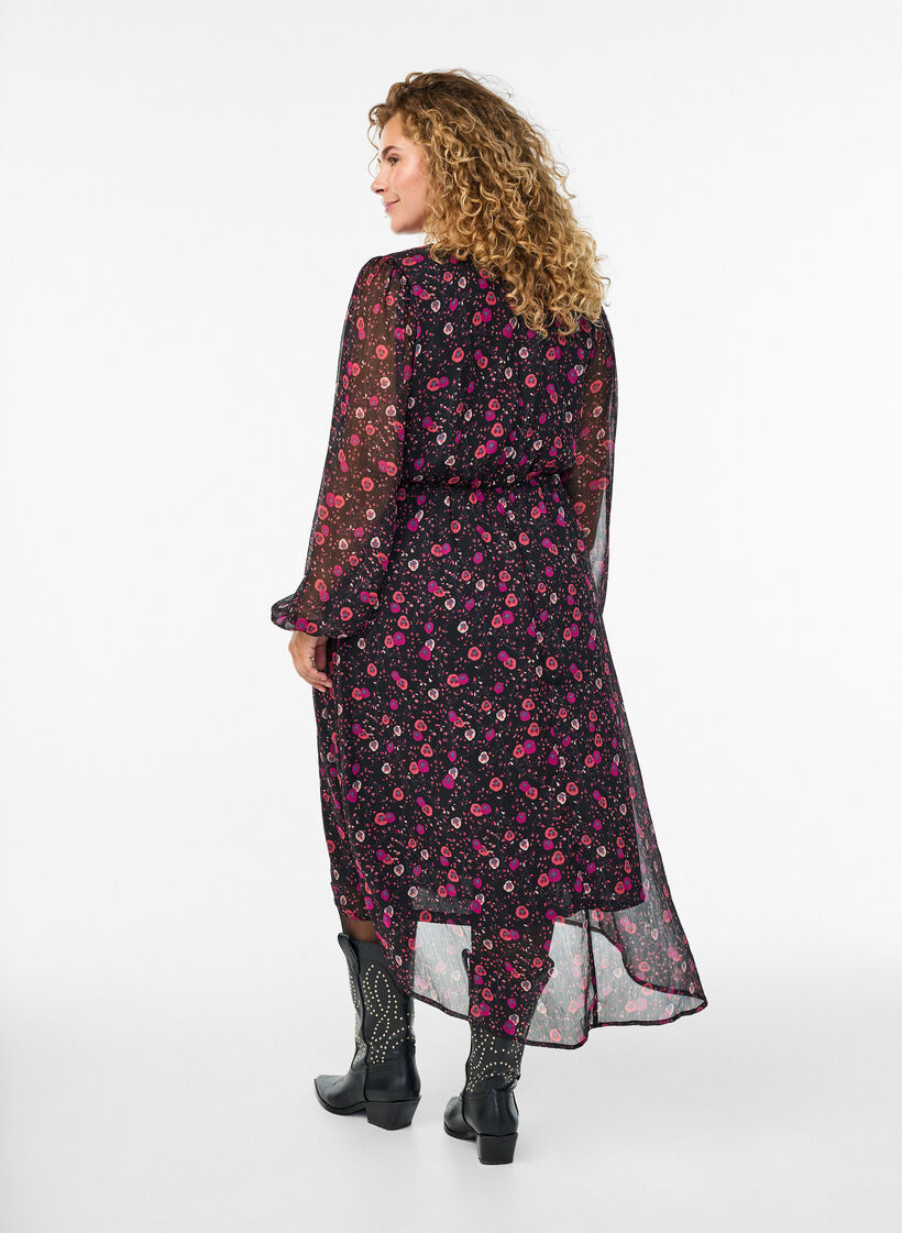 Kleid aus Chiffon mit Blumenmuster und langen Ärmeln, Schwarz, Model image number 1