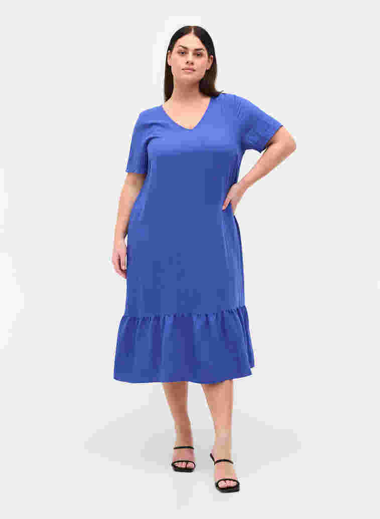 Kurzarm Viskosekleid mit V-Ausschnitt, Dazzling Blue, Model image number 2