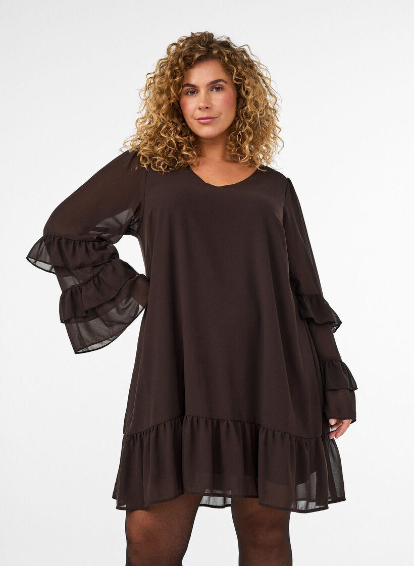 Kurzes Kleid mit transparenten R&uuml;schen&auml;rmeln, Braun, Model image number 0