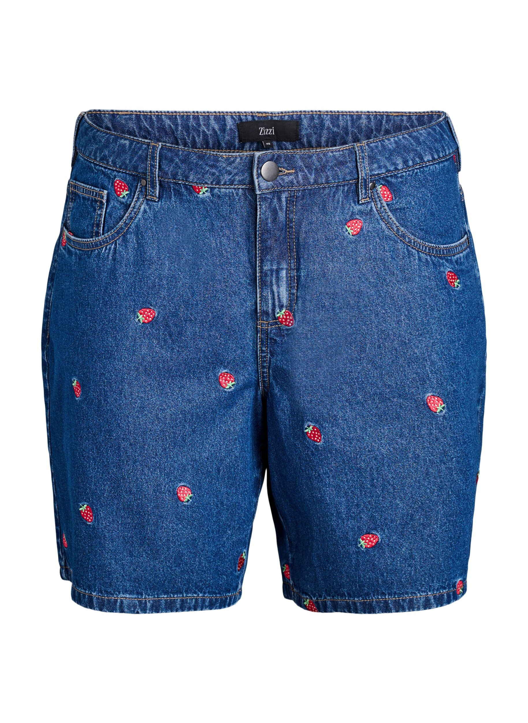 ZizziDenim-Shorts mit gesticktem Erdbeermotiv, Blau, Packshot image number 0