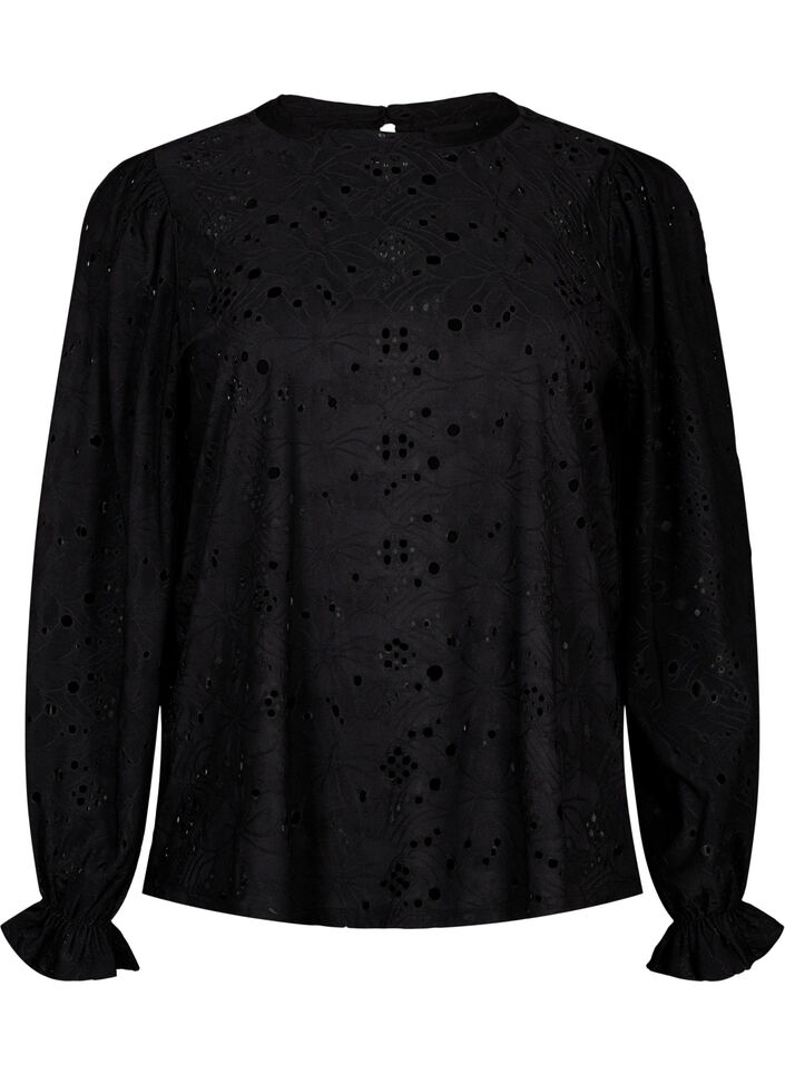  Langärmlige Bluse mit Lochmuster, Black, Packshot image number 0