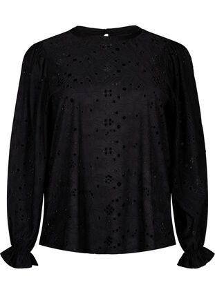 Langärmlige Bluse mit Lochmuster, Black, Packshot image number 0