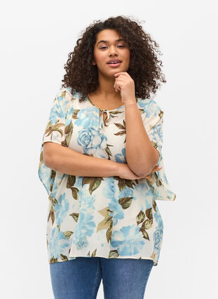 Kurzarm Bluse mit Bindebändern und Print , Cloud Dancer Flower , Model image number 0